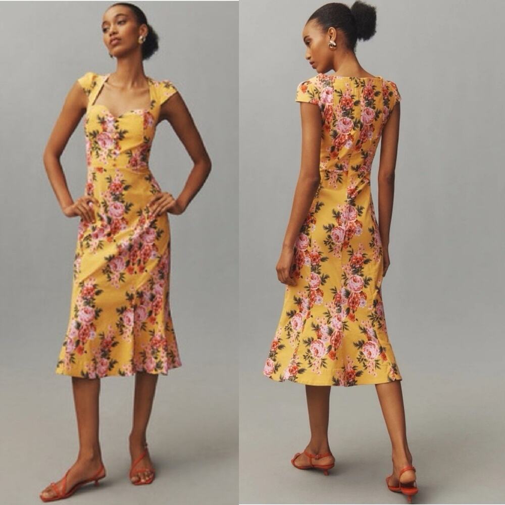 Anthropologie Maeve Cecily Yellow Floral Sweetheart Midi Dress S Romantic Retro - Picture 5 of 11